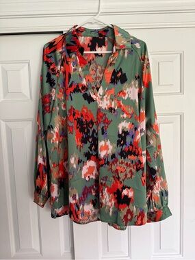 Abstract Floral Print V-Neck Blouse - Green Multi